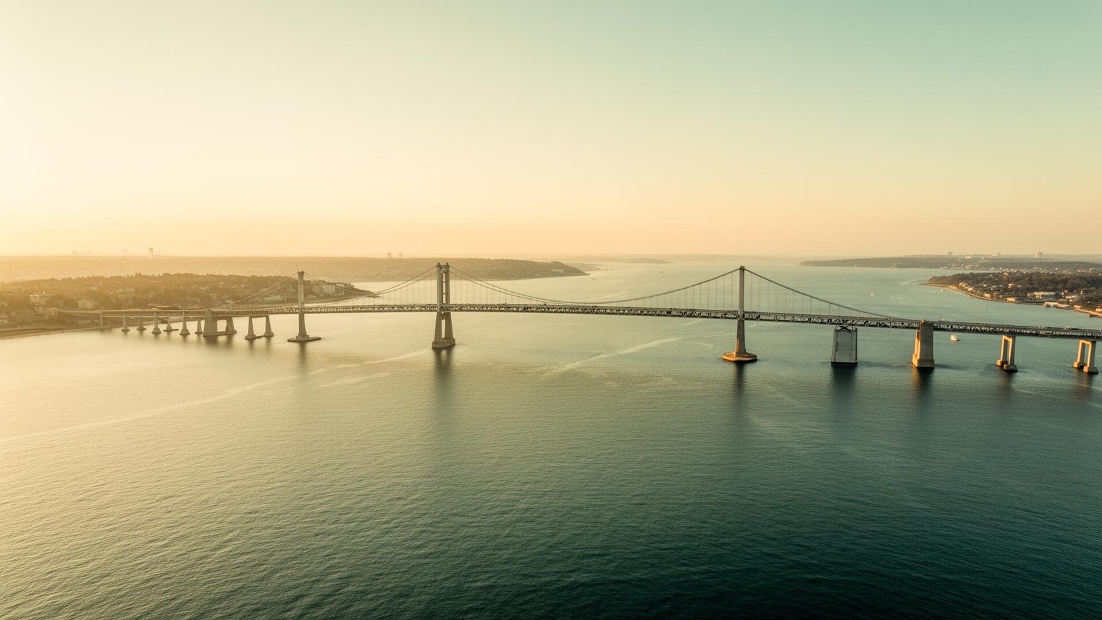 Newport Pell Bridge spanning the Rhode Island coastline at golden hour